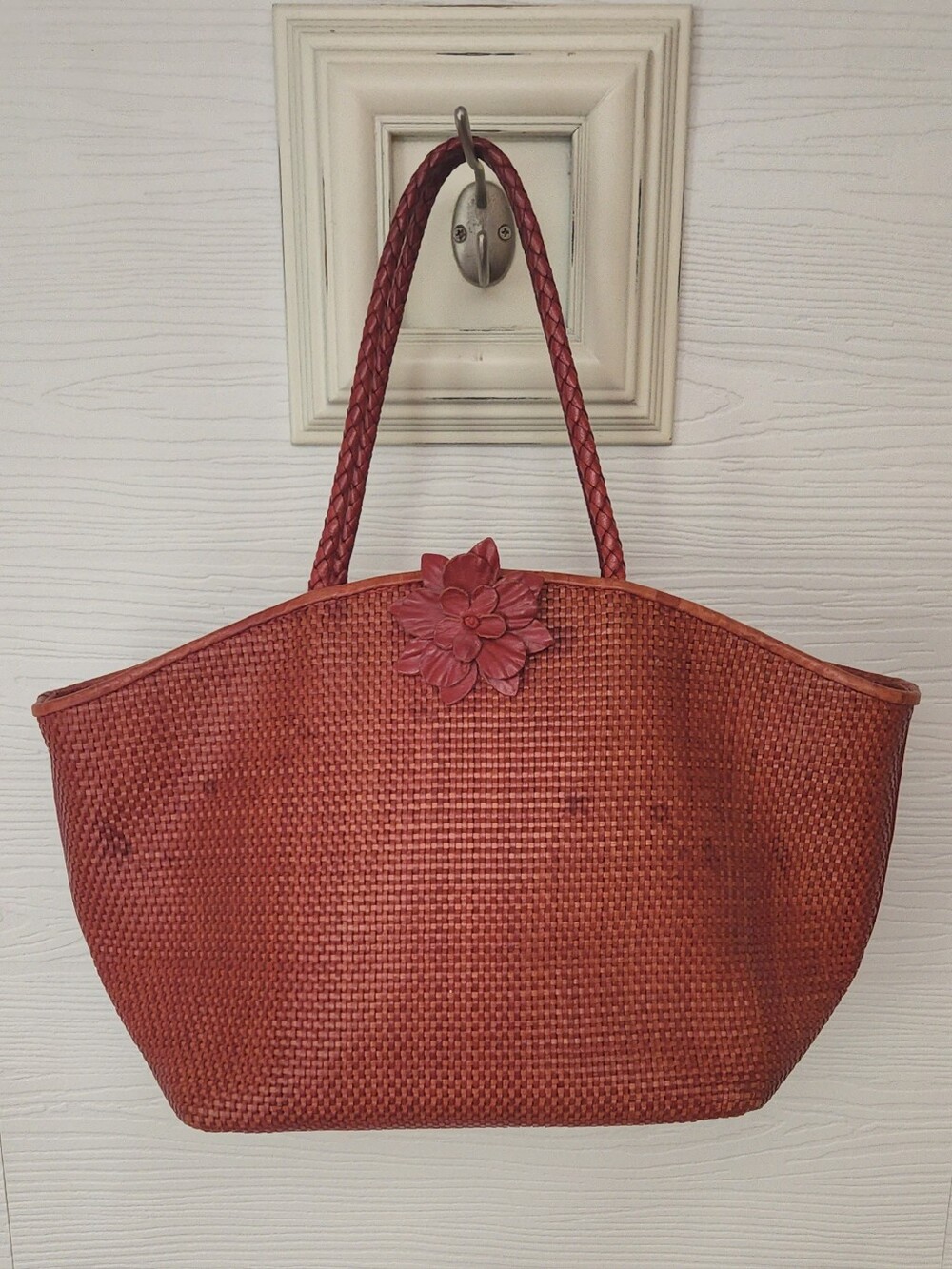 Paolo Masi Italian Leather Woven Tote Bag Red Rust Floral Flower Shoulder Purse